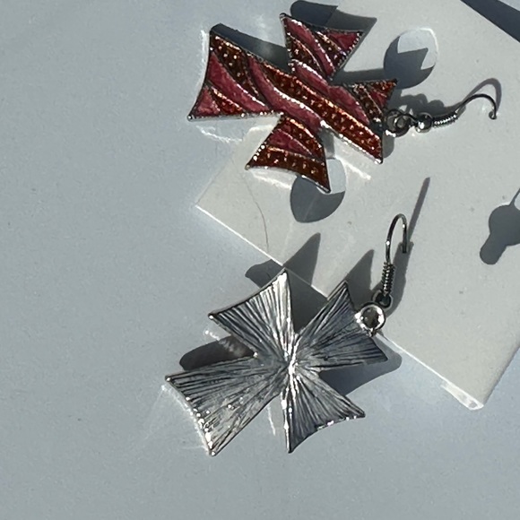 Cross Large Dangle Red Enamel Pierced Earrings - Picture 2 of 3